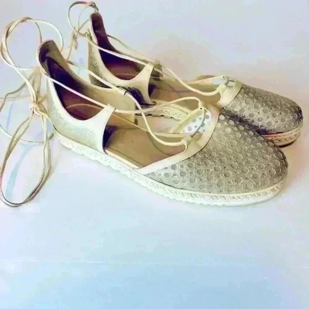 Stuart Weitzman Espadrille with Mesh and Leather Strap-Up Laces.